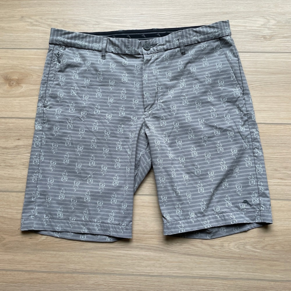 Tommy Bahama Boracay Pineapple Stripe Shorts Mens 35 Gray Stretch Quick Dry